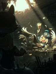  2girls absurdres animal_ears armband bird_girl bird_legs bird_tail brown_eyes commentary dark english_commentary feathered_wings feathers gloves half-harpy hat hat_feather highres holding holding_letter indoors letter light_particles low_twintails mailman monster_girl multiple_girls on_table open_mouth original porforever short_twintails sunlight sweatdrop table tail talons topknot twintails white_hair wings 