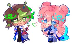  1boy 1girl :3 :d animification antennae axe beard_stubble black_pants blue_eyes blue_serafuku blue_shirt blue_skirt blush brown_hair brown_vest chibi chibi_only colored_eyelashes commentary double_bun english_commentary explosive facial_hair fairy_wings from_behind full_body green_eyes hair_bun heart highres holding holding_axe holding_sword holding_weapon ldshadowlady long_hair looking_at_viewer looking_back loose_socks minecart minecraft minecraft_axe minecraft_sword minecraft_youtube muffymayhem multicolored_hair pants pink_hair ponytail school_uniform serafuku shirt shoes short_ponytail simple_background skirt smallishbeans smile socks standing streaked_hair stubble sword tnt tnt_block_(minecraft) traffic_life_series very_long_hair vest weapon white_background white_shirt wings 