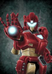  absurdres clenched_hand facing_viewer glowing grey_background gundam hand_up headset highres jegan kuroneko_(pixiv79498996) mecha robot standing 