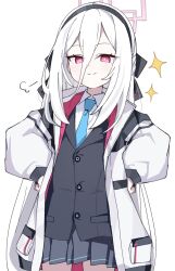  1girl absurdres blue_archive blue_necktie closed_mouth collared_shirt commentary_request cowboy_shot grey_jacket grey_skirt hair_between_eyes halo hands_on_own_hips highres jacket kei_(blue_archive) long_hair long_hair_between_eyes long_sleeves looking_at_viewer minarin_(393939min) miniskirt necktie open_clothes open_jacket pink_eyes pink_halo pleated_skirt shirt simple_background skirt smile solo sparkle standing white_background white_hair white_jacket 