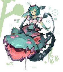  1girl absurdres alraune blush circle clothing_cutout color_guide colored_skin commentary_request covered_navel dot_nose dress drooling english_text extra_mouth fangs flat_chest grass green_dress green_eyes green_hair green_skin hand_on_own_head highres juliet_sleeves long_sleeves looking_at_viewer medium_hair monster_girl open_mouth original pink_dress plant plant_girl puffy_sleeves saliva saliva_trail shitoi_(aqua1487) simple_background smile solo tentacles thorns tiara tongue tongue_out tree two-tone_dress underboob_cutout venus_flytrap vine_tentacle white_background 