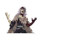  1boy absurdres bandaged_hand bandages black_clover black_clover_m:_rise_of_the_wizard_king black_pants black_shirt brown_cloak cloak crazy grey_eyes highres incredibly_absurdres long_hair looking_at_viewer non-web_source official_art one_eye_covered open_mouth pants pink_hair rades_spirito shirt simple_background smile solo teeth torn_cloak torn_clothes torn_shirt transparent_background upper_body 