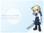  blonde_hair blush boots chibi fate/stay_night fate_(series) green_eyes pantyhose saber sword wallpaper weapon 