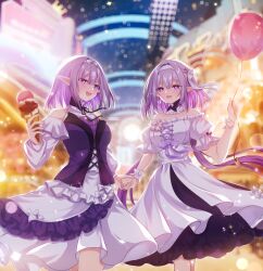  10ko2130 2girls :d absurdres balloon bow bright_pupils castorice_(honkai:_star_rail) castorice_(the_flower_remembers)_(honkai:_star_rail) clothing_cutout commentary_request criss-cross_straps detached_collar dress food frilled_dress frills happy headband highres holding holding_balloon holding_hands honkai:_star_rail honkai_(series) ice_cream long_hair long_sleeves medium_hair multiple_girls off_shoulder official_alternate_costume outdoors pointy_ears polyxia_(honkai:_star_rail) polyxia_(the_flower_remembers)_(honkai:_star_rail) puffy_sleeves purple_hair ribbon shoulder_cutout siblings sisters smile twins very_long_hair violet_eyes 