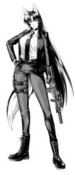  1girl absurdres animal_ears battle_rifle boots collared_shirt dog_ears dog_girl dog_tail fingerless_gloves gloves gun heterochromia highres holding holding_gun holding_weapon holster inuinupuppy jacket long_hair long_sleeves monochrome necktie original pants rifle shirt simple_background suit suit_jacket tail thigh_holster weapon white_background 