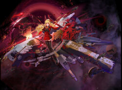  1girl absurdres black_boots black_gloves black_thighhighs blonde_hair blood blood_on_face boots cape chinese_commentary commentary_request dodo1996 dress drill_hair eve_online gloves glowing glowing_eyes highres horns long_hair looking_at_viewer personification pleated_dress quad_drills red_cape red_dress red_eyes red_horns solo thigh-highs titan_(eve_online) very_long_hair zettai_ryouiki 
