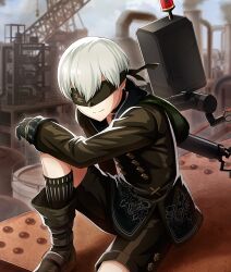  1boy 9s_(nier:automata) arm_on_knee black_boots black_choker black_gloves black_jacket black_shorts blindfold blue_sky boots buttons choker closed_mouth clouds cloudy_sky crane_(machine) day double-breasted facing_viewer factory game_cg gloves grey_hair jacket knee_up long_sleeves male_focus nier:automata nier_(series) official_art outdoors pendant_choker pod_(nier:automata) robot short_hair shorts sitting sky smile smoke smokestack solo third-party_source toji_no_miko toji_no_miko:_kizamishi_issen_no_tomoshibi 