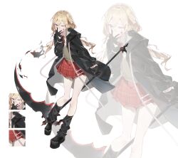  1girl absurdres black_boots black_gloves black_jacket black_socks blonde_hair blood blood_on_face boots closed_mouth commentary commission double-parted_bangs english_commentary gloves grey_eyes hair_between_eyes hand_on_own_cheek hand_on_own_face highres holding holding_scythe holding_weapon jacket long_hair long_sleeves looking_at_viewer miniskirt one_eye_closed open_clothes open_jacket original platform_boots pyyuu red_skirt scythe skirt smile socks vgen_commission weapon white_background zoom_layer 