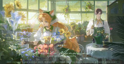  1boy 1girl :d absurdres animal_ear_fluff animal_ears apron black_gloves blonde_hair blue_flower bottle bow bowtie brown_eyes closed_mouth collared_shirt contrast_collar ears_through_headwear fingerless_gloves flower fox_ears fox_girl fox_tail glasses gloves green_apron green_headscarf green_skirt headscarf highres holding holding_bottle holding_flower indoors jiujiumi; long_hair neckerchief open_mouth original parted_bangs plant potted_plant purple_flower red_eyes red_flower red_tulip shirt short_sleeves skirt smile spray_bottle sunflower tail tulip upper_body watermark white_shirt window yellow_bow yellow_bowtie yellow_flower yellow_gloves yellow_neckerchief 