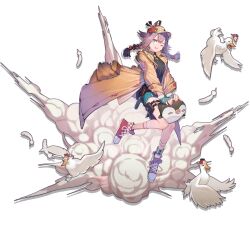  1girl arknights bird blue_eyes braid breasts brown_jacket glasses hair_between_eyes hat jacket looking_at_viewer may_(arknights) may_(elite_ii)_(arknights) multicolored_socks navel official_art one_eye_closed open_clothes open_jacket open_mouth pink_hair red_hat small_breasts smoke socks solo stuffed_animal stuffed_penguin stuffed_toy thigh_strap transparent_background xiayehongming 