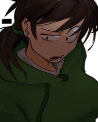  1girl antenna_hair black_eyes breasts brown_hair close-up commentary drawstring eddsworld ell_(eddsworld) english_commentary green_hoodie highres hood hood_down hoodie hornboner large_breasts light_blush long_hair looking_at_viewer looking_down low_ponytail open_mouth ponytail shirt simple_background solo swept_bangs twitter uneven_eyes upper_body white_shirt 