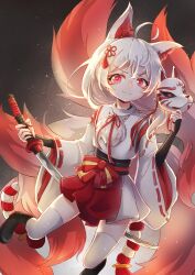  1girl absurdres ahoge animal_ears boots closed_mouth commentary fox_ears fox_mask fox_tail highres holding holding_mask holding_sword holding_weapon honkai_(series) honkai_impact_3rd japanese_clothes katana long_hair looking_at_viewer mask miko mokbel_(belle0324) multiple_tails pink_eyes reverse_grip smile solo split_mouth sword tail theresa_apocalypse theresa_apocalypse_(sakuno_rondo) thigh-highs weapon white_hair white_thighhighs 