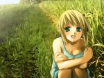  blonde_hair chemise fate/stay_night fate_(series) grass open_mouth saber sitting smile solo 