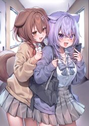  2girls absurdres animal_ears blush braid breasts brown_cardigan brown_eyes brown_hair cardigan cat_ears cat_girl cat_tail cellphone commentary_request dog_ears dog_girl dog_tail grey_skirt highres holding holding_phone hololive indoors inugami_korone large_breasts medium_hair miniskirt multiple_girls nekomata_okayu open_mouth phone pleated_skirt purple_cardigan purple_hair shirt side_braids skirt smartphone sugamo_lain tail violet_eyes virtual_youtuber white_shirt 