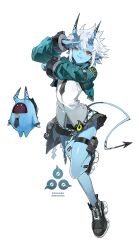  1girl absurdres aqua_jacket arm_up bangboo_(zenless_zone_zero) black_necktie black_shoes blue_horns blue_oni blue_skin blue_tail colored_skin earrings full_body hair_between_horns hashtag-only_commentary highres horns jacket jewelry leg_up looking_at_viewer metal_wrist_cuffs multicolored_horns necktie oni pointy_ears pouch red_eyes salute shirt shoes short_hair simple_background skin-covered_horns soukaboo_(zenless_zone_zero) soukaku_(zenless_zone_zero) thigh_pouch tongue tongue_out two-tone_horns two-tone_tail white_background white_hair white_shirt wz_(woyzeck) zenless_zone_zero 
