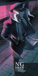  black_coat black_hat black_pants closed_mouth coat collared_shirt commentary_request commission grey_eyes grey_hair hat highres ingo_(pokemon) male_focus moriyuisu necktie open_clothes open_coat pants peaked_cap pokemon pokemon_bw shirt short_hair skeb_commission subway subway_station white_shirt 