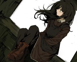  1girl apron black_apron black_hair boots brown_boots commentary english_commentary floating_hair green_eyes highres ira_grachevskaya long_hair looking_afar migimiya_yoru school_uniform sitting solo soviet_school_uniform windowsill z.a.t.o._//_i_love_the_world_and_everything_in_it 