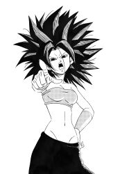  1girl absurdres angry arm_up bandeau caulifla commentary dragon_ball dragon_ball_super english_commentary greyscale highres long_hair looking_at_viewer midriff monochrome navel open_mouth pants pointing pointing_at_viewer roub3d screentones shouting simple_background solo spiky_hair strapless tube_top upper_body very_long_hair white_background 