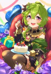  1girl :d ahoge balloon bare_shoulders birthday birthday_cake black_dress black_sleeves box bridal_gauntlets brown_bridal_gauntlets brown_thighhighs cake capelet chair collei_(genshin_impact) commentary_request crossed_bangs dendro_symbol_(genshin_impact) detached_sleeves dress earrings food fork gem genshin_impact gift gift_box green_capelet green_hair hair_between_eyes hair_ornament happy_birthday heart_balloon highres holding holding_fork holding_plate jewelry long_hair long_sleeves looking_at_viewer mochihuman on_chair padisarah_flower pink_gem plate single_earring sitting smile solo sumeru_rose_(genshin_impact) teeth thigh-highs thighlet upper_teeth_only usekh_collar violet_eyes vision_(genshin_impact) 