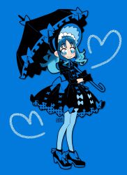  1girl absurdres blue_background blue_eyes blue_hair blue_theme bonnet bourbunbun bow chinstrap commentary dress_bow english_commentary footwear_bow frilled_umbrella frills full_body gloves gothic_lolita heart heartcatch_precure! highres holding holding_umbrella kurumi_erika lolita_fashion long_hair looking_at_viewer parasol precure smile solo three-quarter_sleeves umbrella 