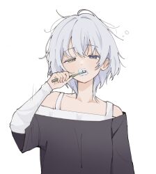  1girl bang_dream! bang_dream!_it's_mygo!!!!! bare_shoulders black_skirt brushing_teeth commentary half-closed_eyes head_tilt heterochromia highres kaname_raana long_sleeves messy_hair overshirt pokoroo09637184 shirt short_hair skirt solo violet_eyes white_background white_hair white_shirt yellow_eyes 