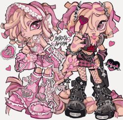  1girl :3 amatou_akuma animal_hands animal_nose arm_warmers bag bag_charm belt black_bag black_belt black_boots black_leg_warmers black_shirt blonde_hair bonnet boots bow charm_(object) claws crop_top dog_girl dog_tail dreadlocks fashion freckles full_body furry furry_female gothic_punk gyaru hair_ornament hair_over_one_eye hand_on_headphones hand_on_own_hip handbag headphones headphones_around_neck heart heart_hair_ornament highres hime_gyaru komondor leg_warmers littlest_pet_shop long_hair looking_at_viewer midriff_peek multicolored_hair multiple_belts multiple_views original pink_arm_warmers pink_bag pink_bonnet pink_eyes pink_hair pink_leg_warmers pink_nails pink_shirt pink_shoes pink_shorts pink_skirt plaid_clothes plaid_skirt plumeria punk shirt shoes shorts simple_background skirt skull_print standing streaked_hair striped_arm_warmers tail tongue tongue_out white_background white_bow 
