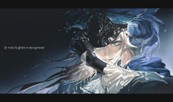  1girl 5c5ae82f0000000010008127 absurdres adjusting_clothes adjusting_headwear augustus_(path_to_nowhere) black_gloves blonde_hair blue_eyes chinese_commentary commentary_request french_text gloves hat hat_feather highres long_sleeves looking_at_viewer military_uniform path_to_nowhere portrait smile solo 