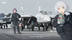  1other 3girls aircraft airplane ave_mujica_(bang_dream!) bang_dream! bang_dream!_it's_mygo!!!!! canopy_(aircraft) external_fuel_tank f-14_tomcat flight_suit food g-suit helmet heterochromia highres holding holding_unworn_helmet kaname_raana landing_gear logo looking_at_viewer matcha_parfait military_vehicle mobileforces multiple_girls parfait pink_eyes purple_hair togawa_sakiko top_gun unworn_headwear unworn_helmet white_hair yuutenji_nyamu 