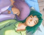  ashinano_hitoshi futon green_hair hatsuseno_alpha multiple_girls pajamas purple_hair sleep sleeping takatsu_kokone wallpaper yokohama_kaidashi_kikou 