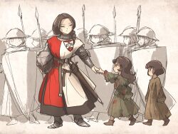  aged_down armor balance_scale_print belt blood blood_on_clothes blue_eyes braid brown_eyes brown_hair chainmail chunky_sister_(ironlily) commentary english_commentary great_helm greaves helmet ironlily kite_shield lady_lucerne_(ironlily) lady_merle_(ironlily) long_hair medieval multiple_girls ordo_mediare_sisters_(ironlily) red_surcoat scabbard sheath sheathed standing surcoat sword weapon 