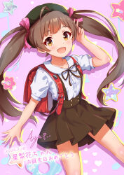  1girl :d absurdres ahoge backpack bag beret black_hat black_skirt brown_eyes brown_hair commentary_request dated hakozaki_serika hat highres idolmaster idolmaster_million_live! koaya light_blush long_hair looking_at_viewer open_mouth pink_background randoseru school_uniform shirt short_sleeves signature skirt smile solo standing suspender_skirt suspenders translation_request twintails white_shirt 