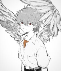  1boy angel_wings belt black_pants collared_shirt commentary_request feathered_wings grey_belt grey_hair hair_between_eyes highres light_blush light_smile looking_at_another male_focus nagisa_kaworu neon_genesis_evangelion orange_shirt oshio_(baniniwana) pants red_eyes school_uniform shirt shirt_tucked_in short_hair short_sleeves simple_background solo spread_wings tokyo-3_middle_school_uniform upper_body white_background white_shirt white_wings wings 