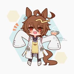  1girl agnes_tachyon_(tach-nology)_(umamusume) agnes_tachyon_(umamusume) ahoge animal_ears black_necktie black_pantyhose blush brown_hair chemical_structure chibi coat commentary cork cup earrings english_commentary hair_between_eyes highres holding holding_cup horse_ears horse_girl horse_tail jewelry kasa_(flamencoruby) lab_coat long_sleeves looking_at_viewer medium_hair necktie open_mouth pantyhose red_eyes shirt shoes short_necktie single_earring sleeves_past_fingers sleeves_past_wrists smile solo steaming_cup sugar_cube sweater sweater_vest tail tea test_tube umamusume white_coat wolf_cut yellow_sweater yellow_sweater_vest 
