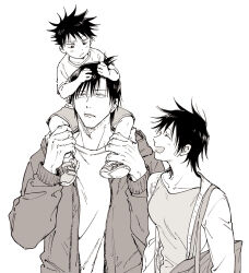  2boys bag blush cardigan carrying_over_shoulder closed_eyes commentary_request family fushiguro_megumi fushiguro_touji grabbing_another's_hair greyscale happy height_difference holding_another's_hair hood hood_down hoodie jj59u jujutsu_kaisen looking_at_another megumi's_mother_(jujutsu_kaisen) monochrome multiple_boys open_clothes open_hoodie scar scar_on_face scar_on_mouth shirt shoes shorts shoulder_bag simple_background smile spiky_hair toddler upper_body white_background 