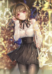  1girl bag bare_shoulders black_hairband black_pantyhose black_ribbon black_skirt blurry blurry_background breasts brown_hair christmas_ornaments commentary_request copyright_request hairband hand_up handbag highres hui_jie long_sleeves medium_breasts medium_hair neck_ribbon night off-shoulder_sweater off_shoulder outdoors pantyhose photoshop_(medium) red_eyes revision ribbon sidelocks skirt solo standing sweater twitter_username 
