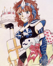  1girl aquila_marin armlet armor bakaumasilly birthday birthday_cake black_gloves black_leotard blue_armor blue_eyes blue_hairband blush boobplate box brown_hair cake commentary_request cowboy_shot faux_retro_artstyle fingerless_gloves fish food gauntlets gift gift_box gloves hairband heart-shaped_box holding holding_cake holding_food jewelry leotard looking_at_viewer medium_hair metal_hairband saint_seiya sash single_shoulder_pad solo stuffed_animal stuffed_toy too_many_gifts traditional_media waist_sash white_sash 
