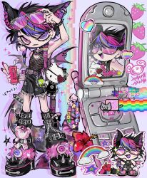  1other amatou_akuma androgynous animal_ear_piercing animal_ears bag bat_wings bead_charm belt belted_leg_warmers black_boots black_bow black_hair black_leg_warmers black_shorts boots bow can cat_ears cat_tail cellphone cellphone_charm chain chain_necklace character_bag character_charm character_doll charm_(object) chibi chibi_inset clothing_cutout colorful doll drink_can earrings emoticon eyeball eyewear_on_head fashion fingernails fishnet_top fishnets flip_phone flower food fruit full_body gir_(dog_costume)_(invader_zim) gir_(invader_zim) handbag heart_cutout hello_kitty hello_kitty_(character) heterochromia hibiscus highres holding holding_can invader_zim jewelry kaomoji leg_warmer_chain leg_warmers lol_comics long_fingernails monster_energy multicolored_hair multiple_views necklace nyan_cat original other_focus phone piercing pink-tinted_eyewear pink_eyes pink_hair pink_nails pom_pom_(clothes) pom_pom_earrings purple_belt purple_hair raccoon_tails_(hairstyle) rainbow sanrio scene_fashion sharp_teeth short_hair shorts skull solo_focus spiked_boots strawberry streaked_hair stuffed_animal stuffed_toy sunglasses tail tail_keychain teddy_bear teeth thick_eyelashes tinted_eyewear torn_clothes torn_shorts v violet_eyes wallet_chain wing_piercing wings yellow_pupils zoom_layer 