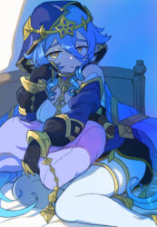  1girl absurdres bare_shoulders black_gloves blue_dress blue_hood blue_sleeves breasts bright_pupils commentary_request detached_sleeves dot_nose dress drill_hair drill_sidelocks feet_out_of_frame genshin_impact gloves half-closed_eyes hand_on_own_cheek hand_on_own_face highres hood hood_up indoors layla_(genshin_impact) long_hair long_sleeves looking_at_viewer lying medium_breasts mochihuman on_bed parted_lips pointy_ears sidelocks sitting solo star_ornament thigh-highs very_long_hair white_pupils white_thighhighs yellow_eyes yokozuwari 