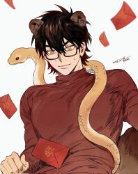  1boy ace_of_diamond animal animal_ears black-framed_eyewear black_hair chinese_commentary closed_mouth commentary_request corrupted_twitter_file glasses highres letter long_sleeves male_focus miyuki_kazuya red_shirt shirt short_hair sideburns simple_background snake solo white_background yellow_eyes zechengm19 