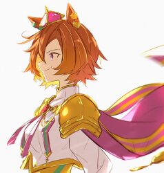  1girl animal_ears armor breasts cape closed_mouth cropped_torso crown domdam80 gold_corset hair_between_eyes horse_ears horse_girl long_sleeves looking_to_the_side mini_crown orange_hair pink_cape pink_crown shirt short_hair shoulder_armor simple_background smile solo t.m._opera_o_(o_sole_suo!)_(umamusume) t.m._opera_o_(umamusume) umamusume upper_body violet_eyes white_background white_shirt 