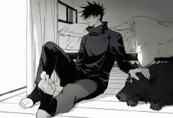  1boy closed_mouth commentary_request full_body fushiguro_megumi greyscale gyokuken high_collar indoors jj59u jujutsu_kaisen jujutsu_tech_uniform male_focus monochrome no_eyes no_shoes on_floor pants petting short_hair sitting soles solo spiky_hair toeless_legwear toenails toes wolf 