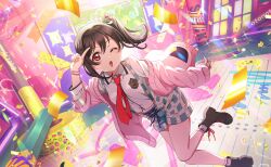  1girl black_shoes blue_shorts bracelet breasts cardigan classroom collared_shirt confetti game_cg greyscale hand_up highres indoors jewelry leg_up long_sleeves looking_at_viewer love_live! love_live!_school_idol_festival_2 love_live!_school_idol_project monochrome necktie official_art one_eye_closed open_cardigan open_clothes open_mouth pink_cardigan plaid_clothes plaid_shorts red_eyes red_necktie shirt shoes shorts side_ponytail solo standing standing_on_one_leg suspender_shorts suspenders third-party_source white_shirt yazawa_nico 