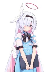  1girl angel's_24_uniform_(blue_archive) apron black_choker black_hairband blue_apron blue_archive blush bow bowtie braid choker colored_inner_hair commentary english_commentary grey_eyes hair_over_one_eye hairband halo highres long_hair looking_at_viewer multicolored_hair pink_hair plana_(blue_archive) red_halo shirayui_(shirakawaui) smile solo striped_bow striped_bowtie striped_clothes very_long_hair white_background white_hair 
