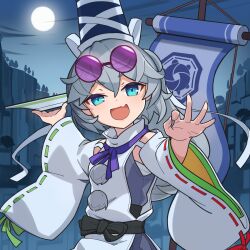  1girl :d absurdres blue_eyes chinese_commentary commentary_request detached_sleeves devilkillerx eyewear_on_head fang full_moon grey_hair hat highres holding holding_plate japanese_clothes kariginu long_hair looking_at_viewer mononobe_no_futo moon night open_mouth plate pom_pom_(clothes) ponytail purple-tinted_eyewear ribbon-trimmed_sleeves ribbon_trim round_eyewear skin_fang sky smile solo sunglasses tate_eboshi tinted_eyewear touhou wide_sleeves 