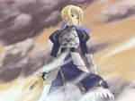  1girl armor armored_dress blonde_hair dress fate/stay_night fate_(series) green_eyes puffy_sleeves saber wallpaper 