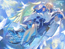  1boy 1girl bird blonde_hair blue_hair coat coat_on_shoulders commentary couple dizzy_(guilty_gear) dove english_commentary fingerless_gloves flower gloves guilty_gear guilty_gear_strive hair_flower hair_ornament hetero highres holding_hands husband_and_wife ky_kiske llamartist queen_dizzy ribbon smile tail tail_ornament tail_ribbon 