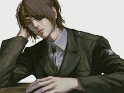  1other arm_on_own_head arm_on_table bolo_tie brown_eyes brown_hair collared_shirt elbow_on_table eyepatch glasses green_jacket hange_zoe highres jacket lips looking_at_viewer nk_6fal nose other_focus shingeki_no_kyojin shirt simple_background solo survey_corps_(emblem) white_background white_shirt 