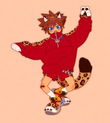  1boy absurdres alternate_costume animal_ear_headband animal_ears animal_hands animal_print arm_up bandaid bandaid_on_knee bandaid_on_leg blue_eyes brown_hair claws commentary english_commentary fang full_body highres ikkuart jewelry kingdom_hearts leopard_ears leopard_print leopard_tail looking_at_viewer male_focus necklace open_mouth orange_background outstretched_arms oversized_clothes paw_shoes pendant red_shorts red_sweater short_hair shorts simple_background solo sora_(kingdom_hearts) spiky_hair sweater tail v zipper 