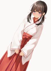  1girl blue_eyes blush bow brown_hair closed_mouth commentary_request dutch_angle flying_sweatdrops grey_background hair_bow hakama hakama_skirt highres japanese_clothes kimono long_hair long_sleeves looking_to_the_side low_twintails miko minato_ojitan original red_hakama ribbon-trimmed_sleeves ribbon_trim simple_background skirt sleeves_past_wrists solo tan twintails white_bow white_kimono wide_sleeves 