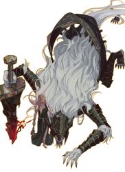  1boy 1girl black_dress blonde_hair claws dress elden_ring from_above full_body greiilock hammer hand_on_another's_head helmet highres holding holding_hammer holding_sword holding_weapon looking_up maliketh_the_black_blade mane queen_marika_the_eternal reverse_grip sword tail weapon white_mane 